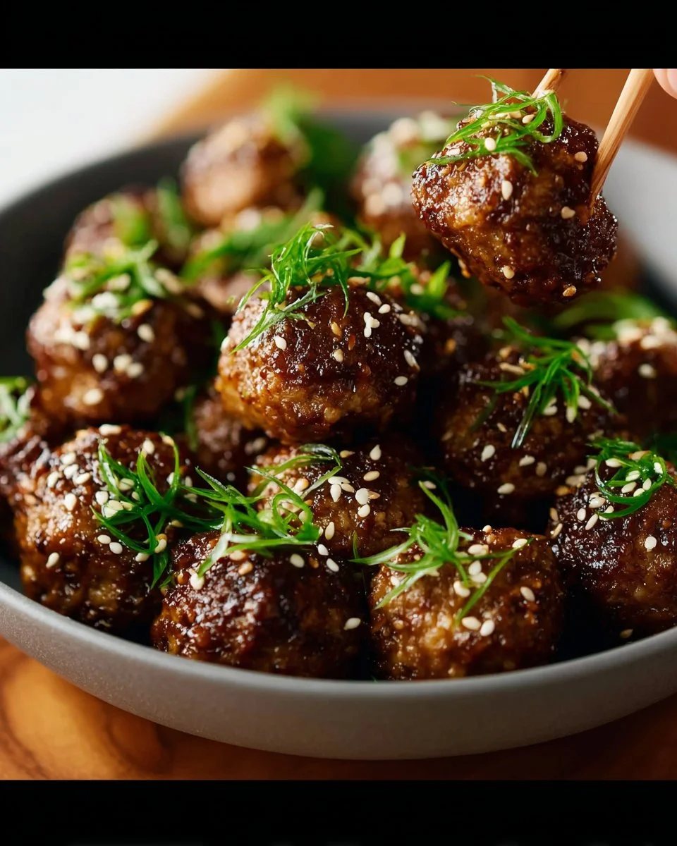Bowl of delicious Saucy Asian Meatballs garnished with sesame seeds and green onions