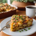 Savory breakfast potato bake topped with cheese and herbs