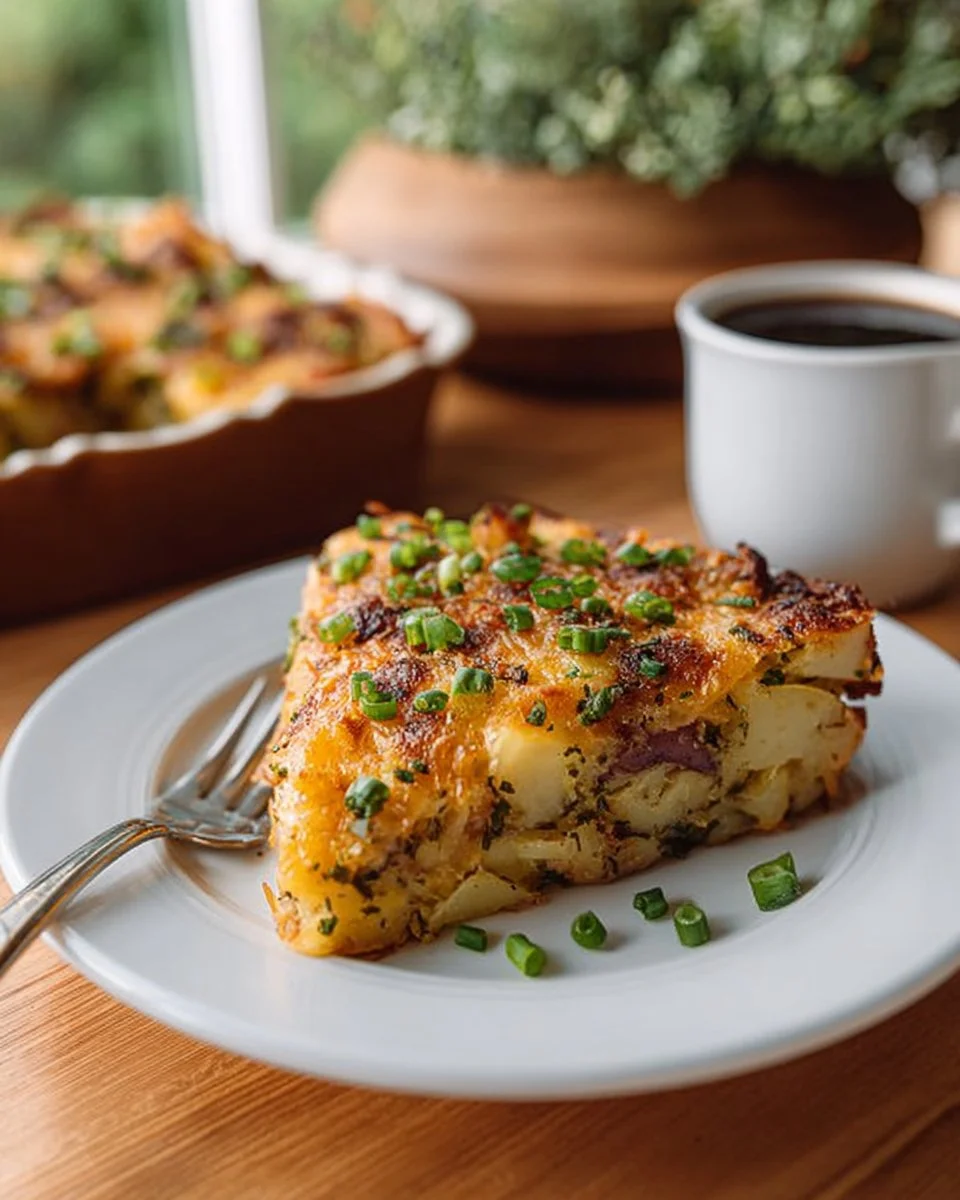 Savory breakfast potato bake topped with cheese and herbs