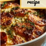 Savory sweet potato gratin baked with creamy layers and topped with cheese