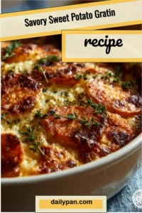 Savory sweet potato gratin baked with creamy layers and topped with cheese
