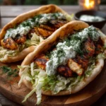 Sheet pan chicken pitas served with herby ranch dressing.