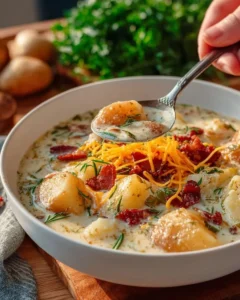 Creamy slow cooker potato leek soup garnished with fresh herbs