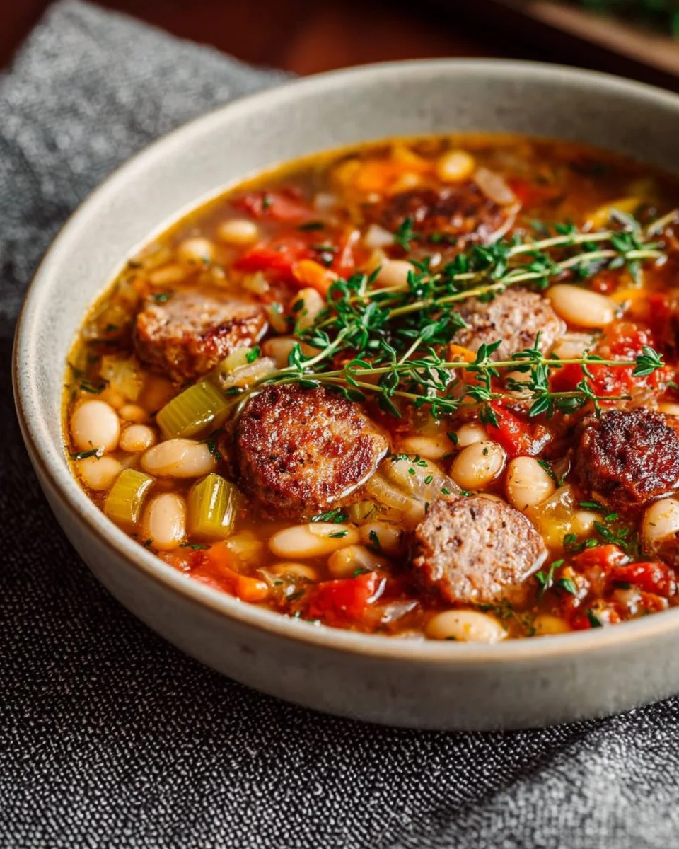 Slow-cooker sausage three-bean soup served in a rustic bowl.