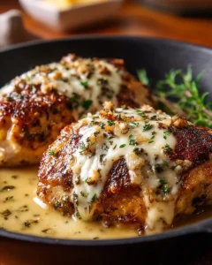 Delicious smothered chicken served with savory gravy and herbs