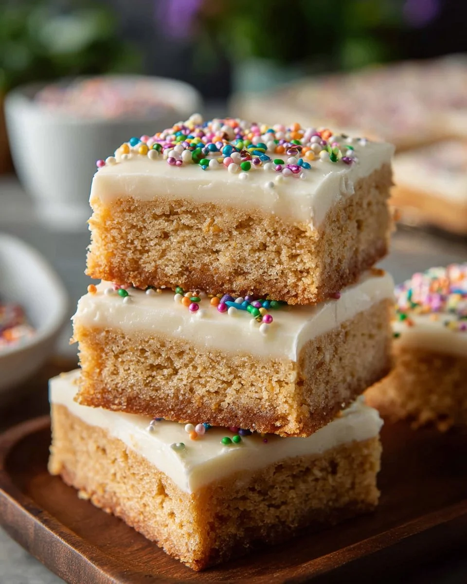Delicious soft sugar cookie bars topped with colorful sprinkles.