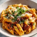 Delicious Spicy Bacon Tomato Pasta garnished with fresh herbs