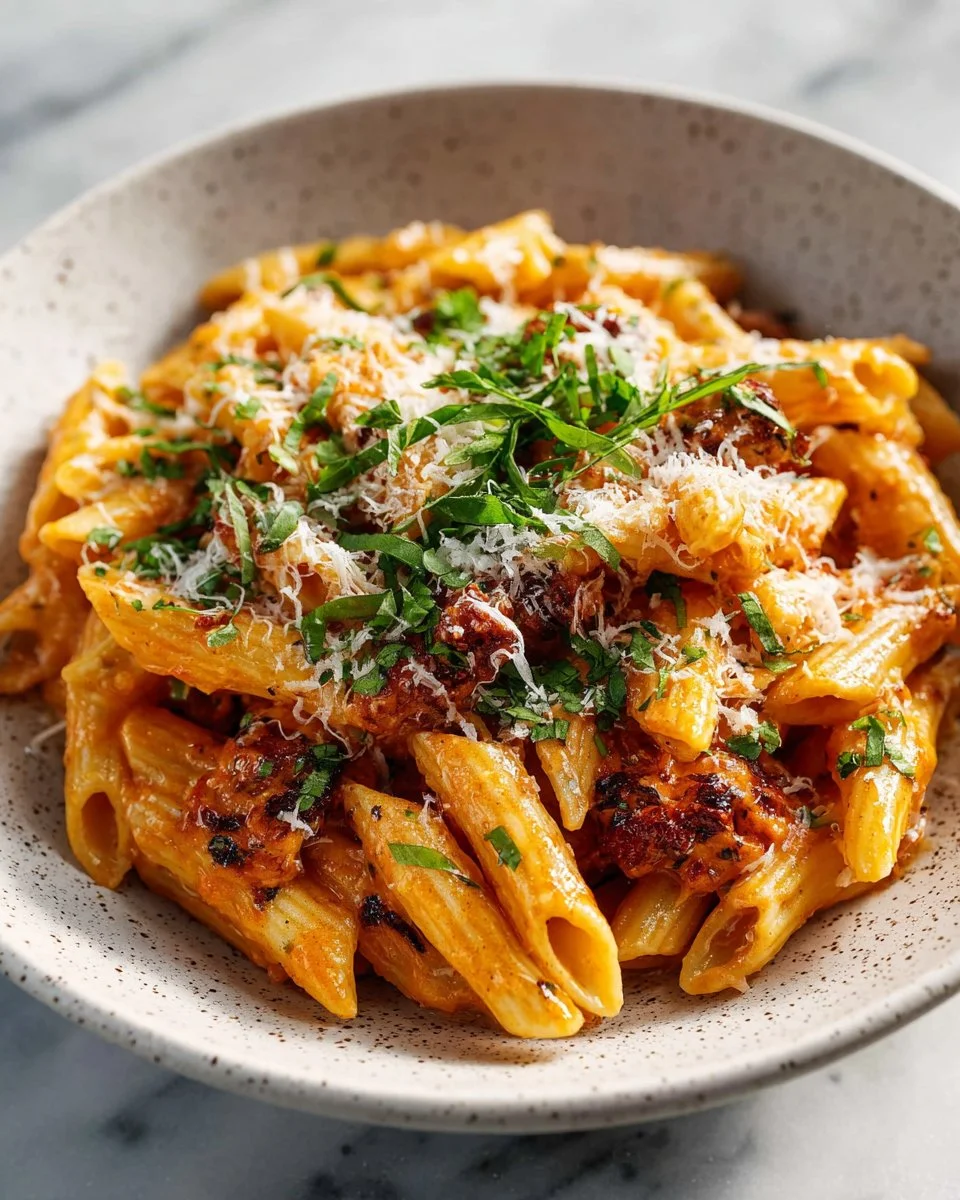 Delicious Spicy Bacon Tomato Pasta garnished with fresh herbs