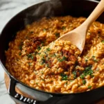 Bowl of spicy Italian sausage orzo topped with herbs and cheese