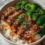 Delicious sticky chicken rice bowls topped with fresh herbs and vegetables