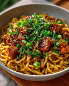 Sticky Garlic Chicken Noodles served on a plate, garnished with green onions