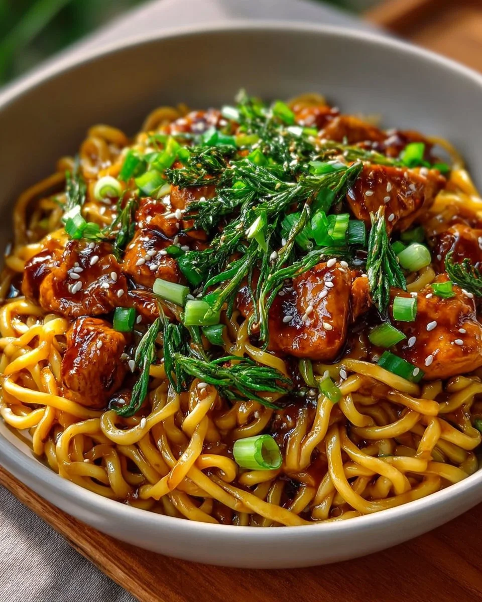 Sticky Garlic Chicken Noodles served on a plate, garnished with green onions