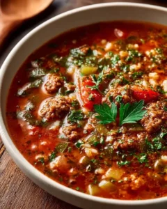 Bowl of delicious stuffed pepper soup with colorful peppers and herbs