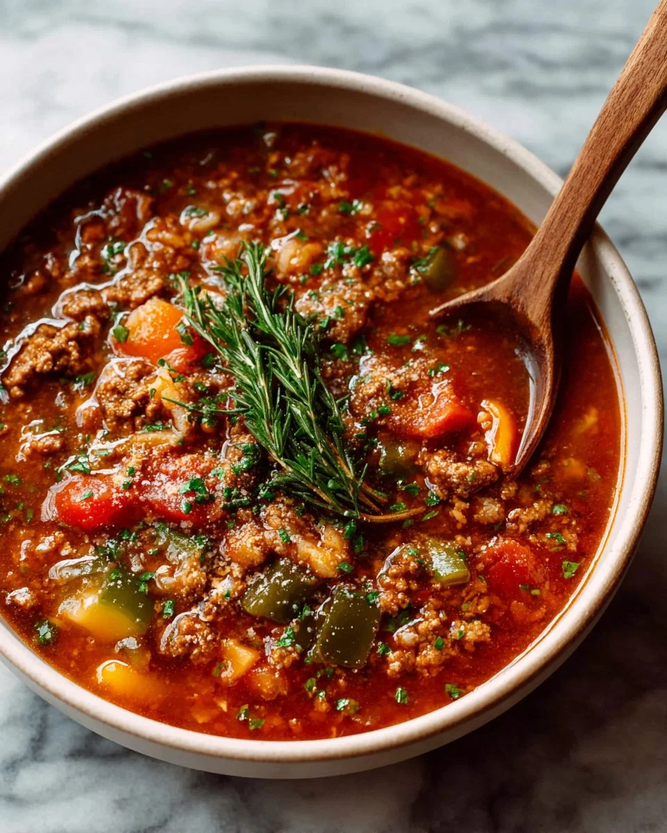 Bowl of delicious stuffed pepper soup with colorful peppers and herbs