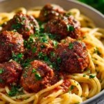 Delicious authentic Italian meatballs served with marinara sauce and garnished.