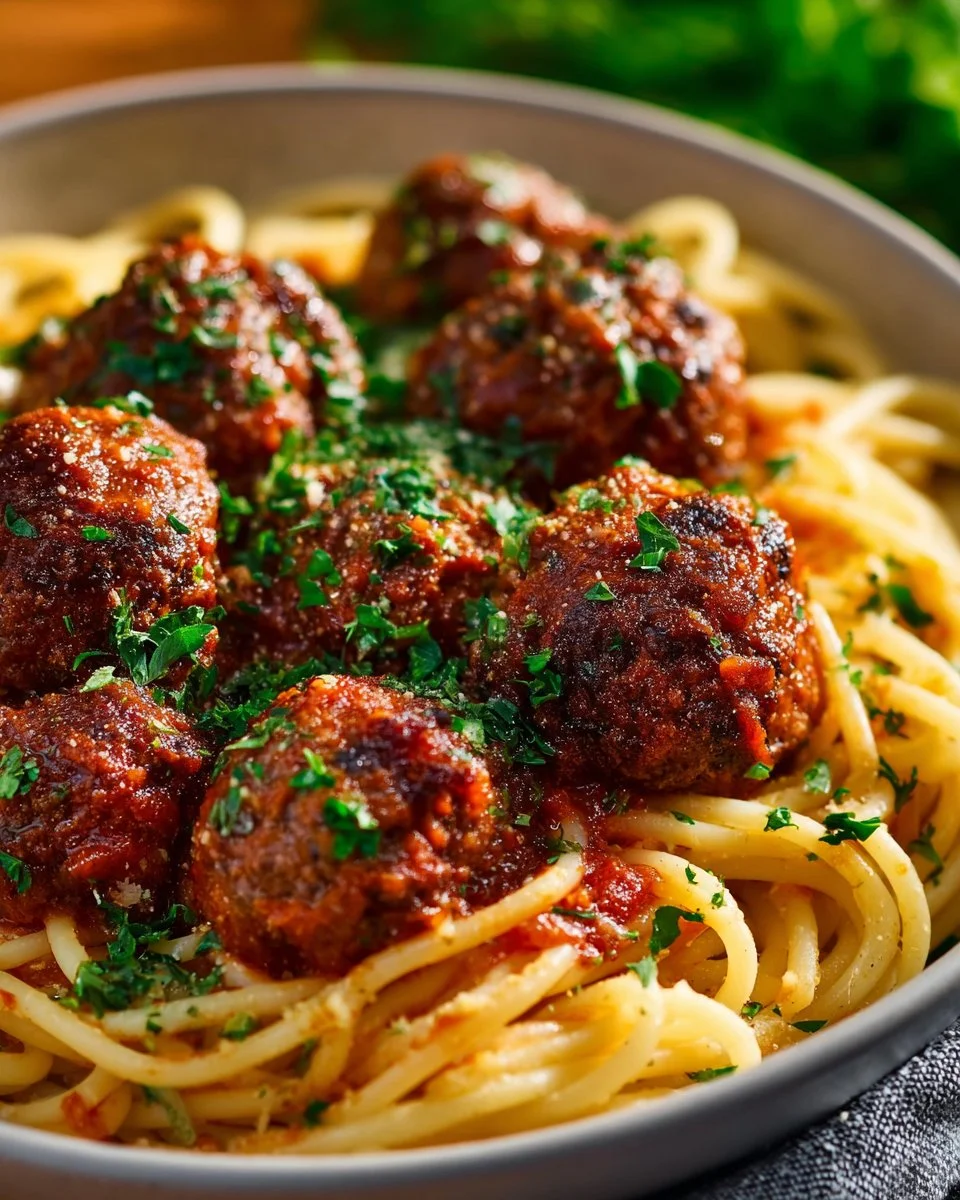 Delicious authentic Italian meatballs served with marinara sauce and garnished.
