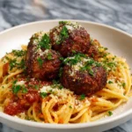 Plate of spaghetti and meatballs topped with fresh basil and grated cheese