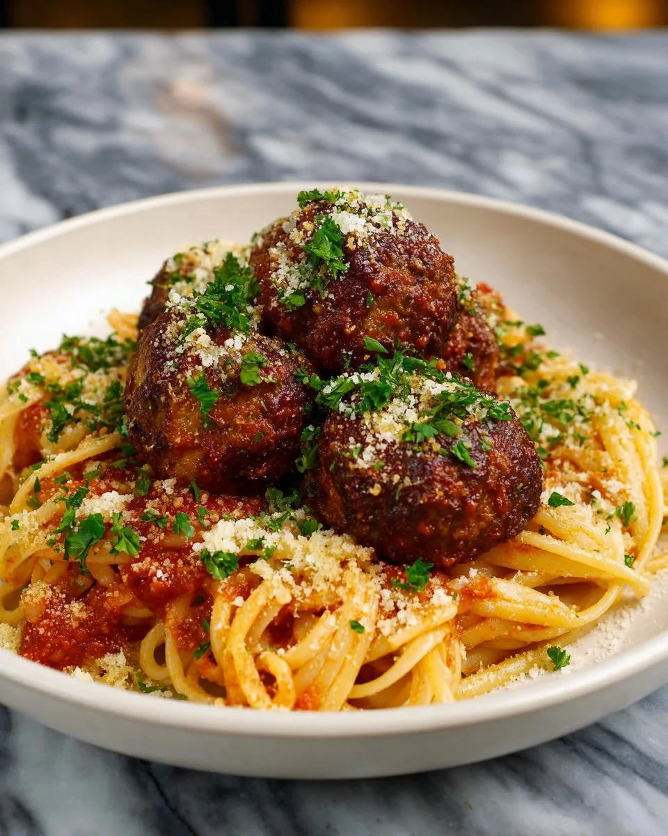 Plate of spaghetti and meatballs topped with fresh basil and grated cheese