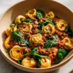 Delicious Tortellini and Sausage Casserole served in a bowl
