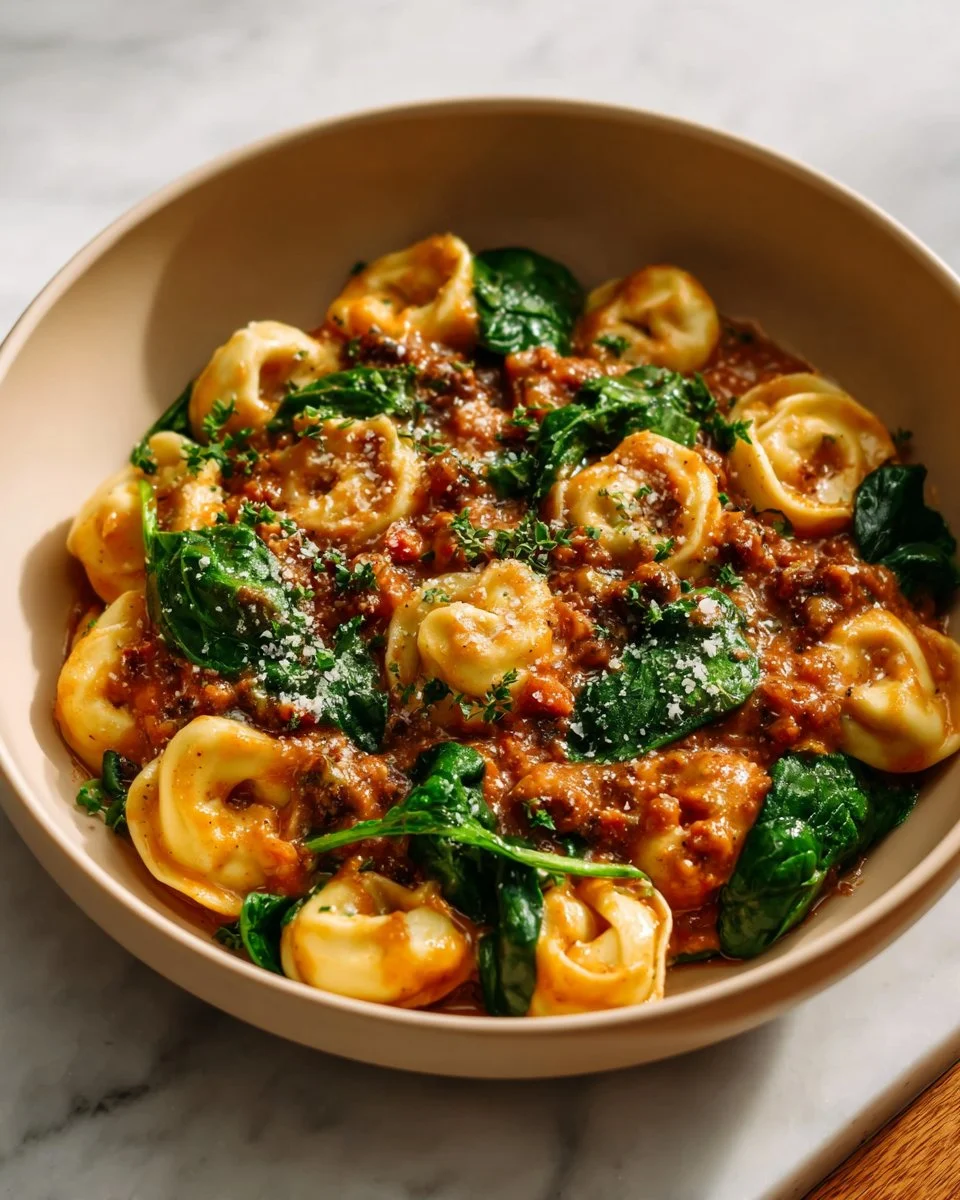 Delicious Tortellini and Sausage Casserole served in a bowl