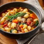 Bowl of traditional Pasta e Fagioli with beans and pasta