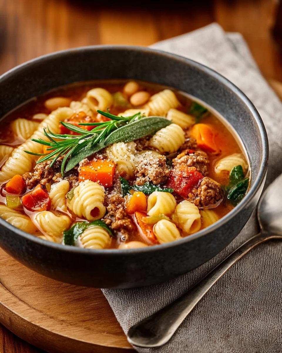 Bowl of traditional Pasta e Fagioli with beans and pasta