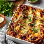 Ultimate cheese lasagna topped with melted cheese and fresh herbs