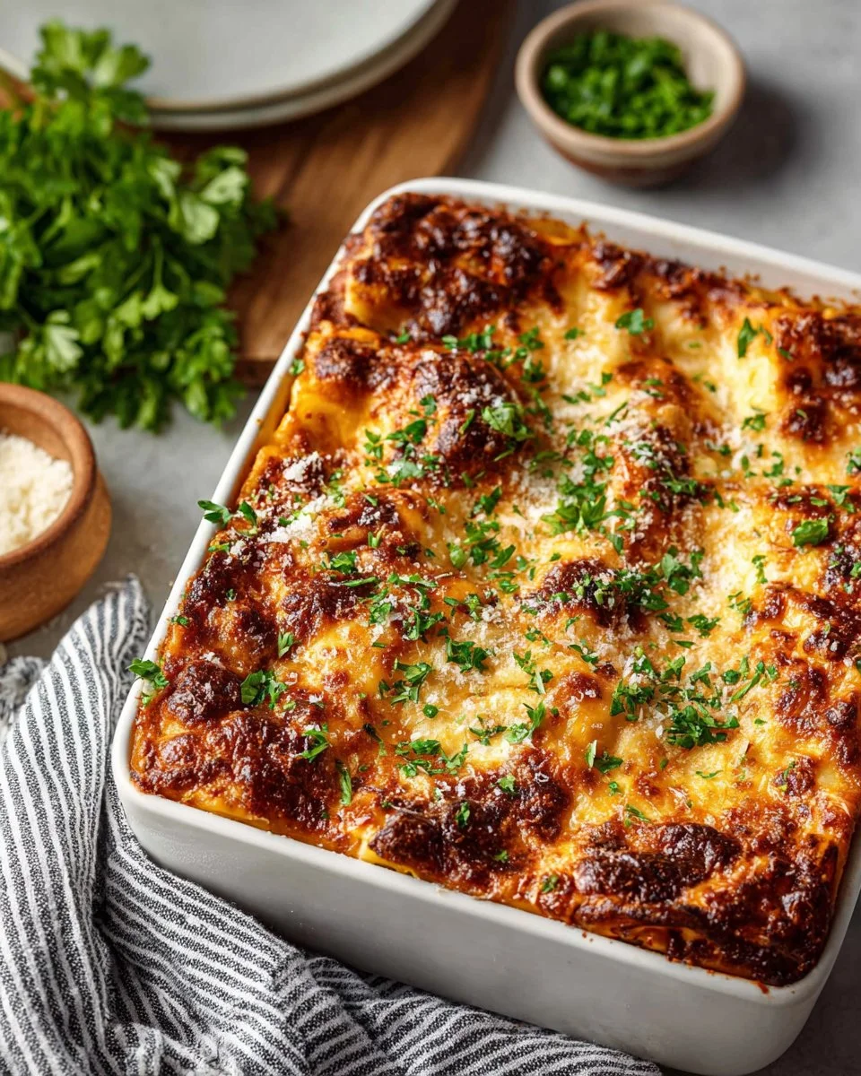 Ultimate cheese lasagna topped with melted cheese and fresh herbs