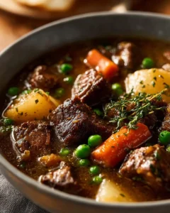 A bowl of hearty vegetable beef soup filled with colorful vegetables and tender beef.