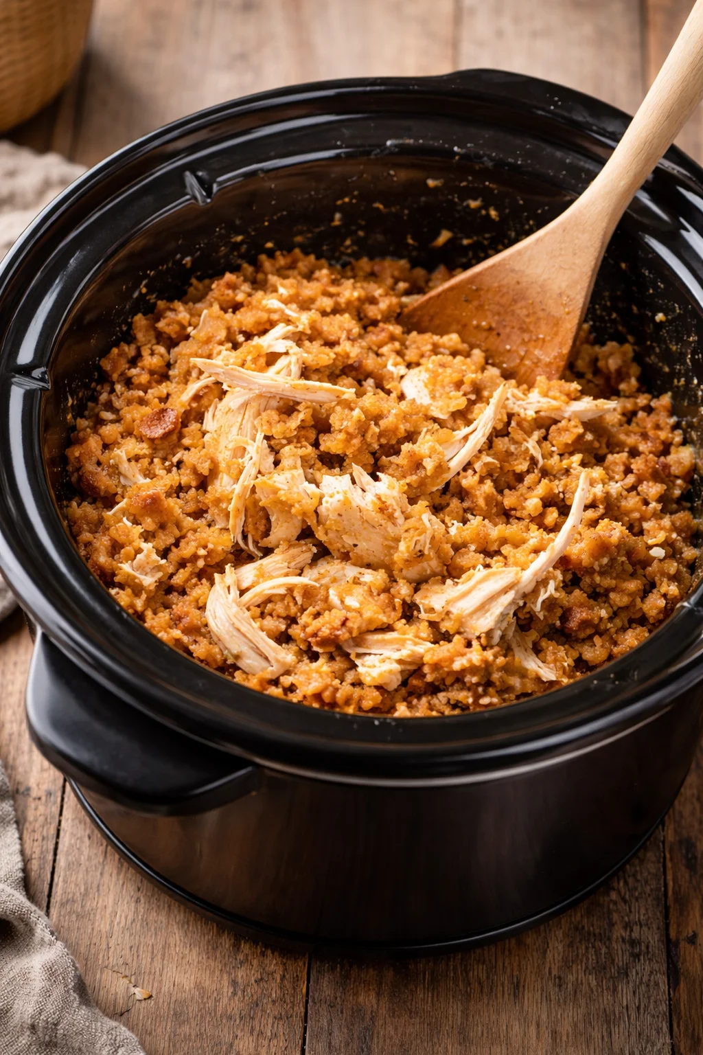 4-Ingredient Slow Cooker Chicken with Stuffing in a cozy setting
