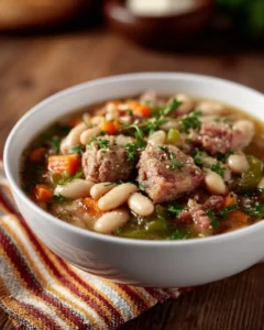 Bowl of homemade Amish Bean Soup garnished with herbs and bread