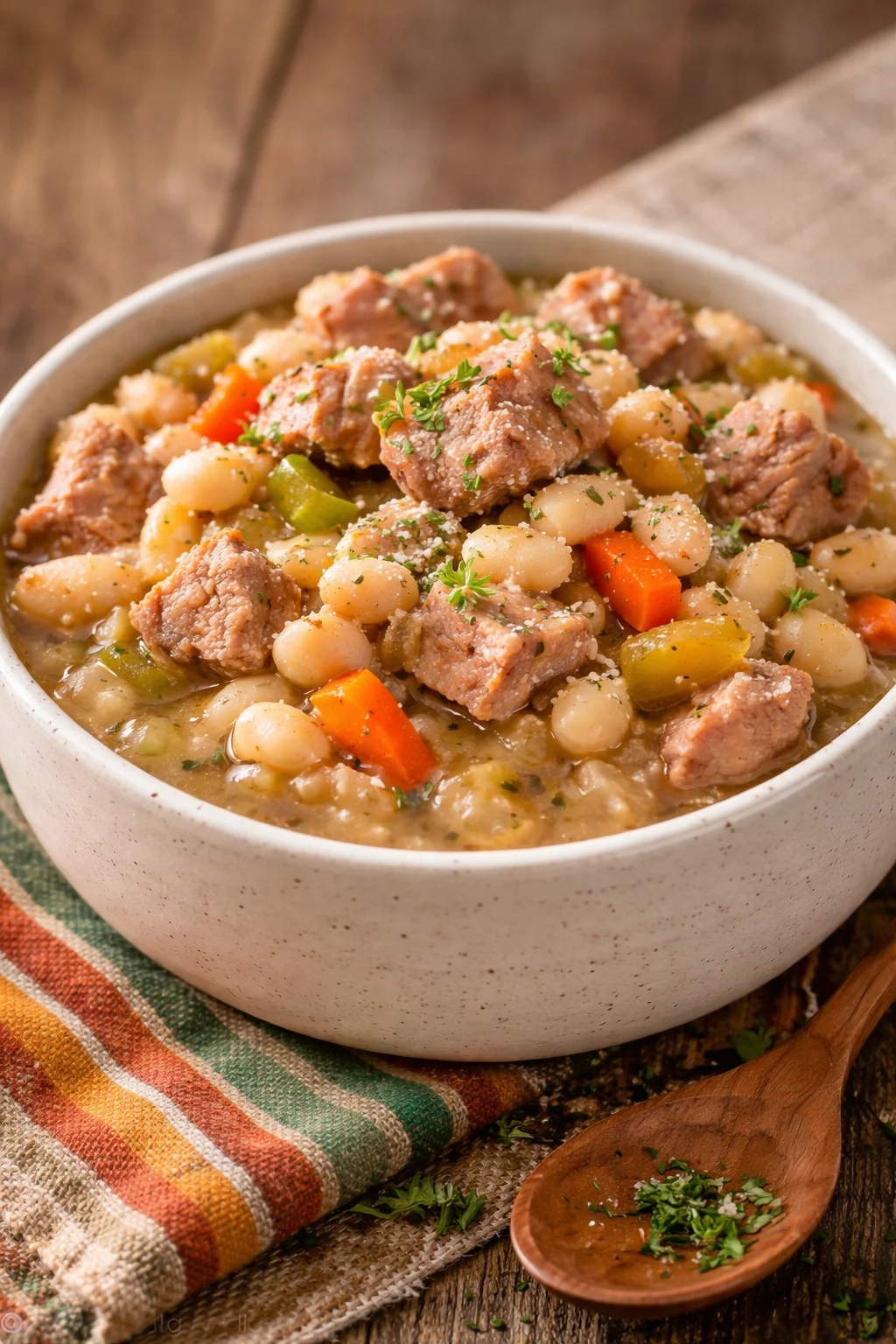 Bowl of homemade Amish Bean Soup with fresh herbs and vegetables