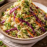 Bowl of vibrant Asian cabbage slaw with colorful vegetables and dressing