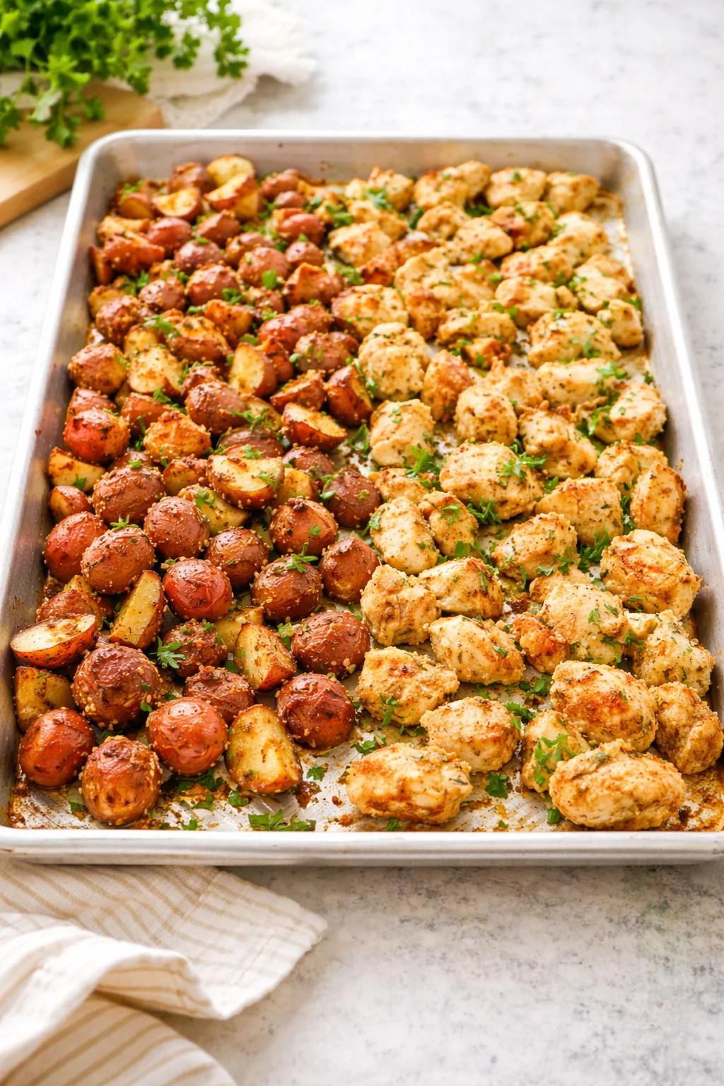 Baked Garlic Parmesan Chicken with roasted potatoes on a plate