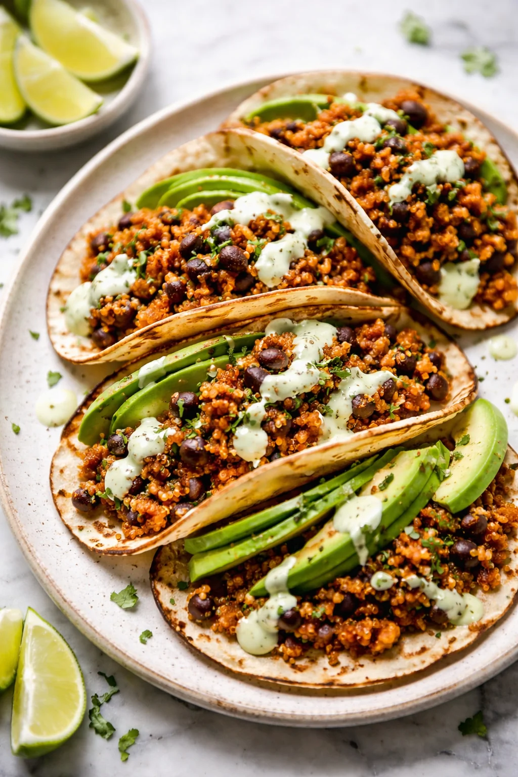 Delicious Black Bean Quinoa Tacos with Cilantro Lime Cashew Crema on a plate