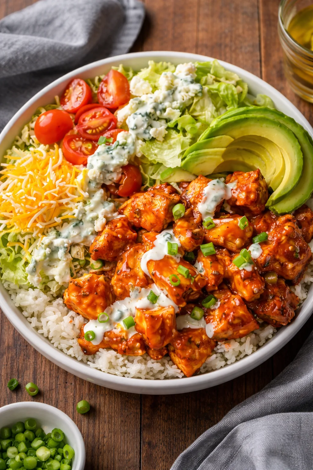 Delicious Buffalo Chicken Bowls with fresh vegetables and ranch dressing