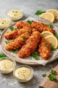 Crispy buttermilk chicken tenders served with dipping sauce