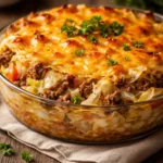 A hearty cabbage beef bake dish served in a casserole dish with melting cheese on top.