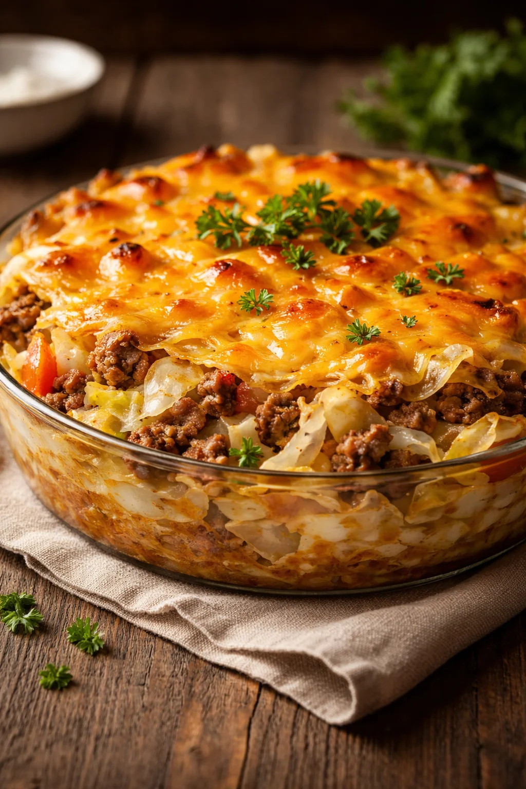 A hearty cabbage beef bake dish served in a casserole dish with melting cheese on top.