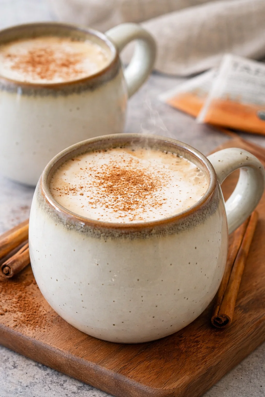 A delicious chai tea latte topped with foam and spices in a cozy café setting.