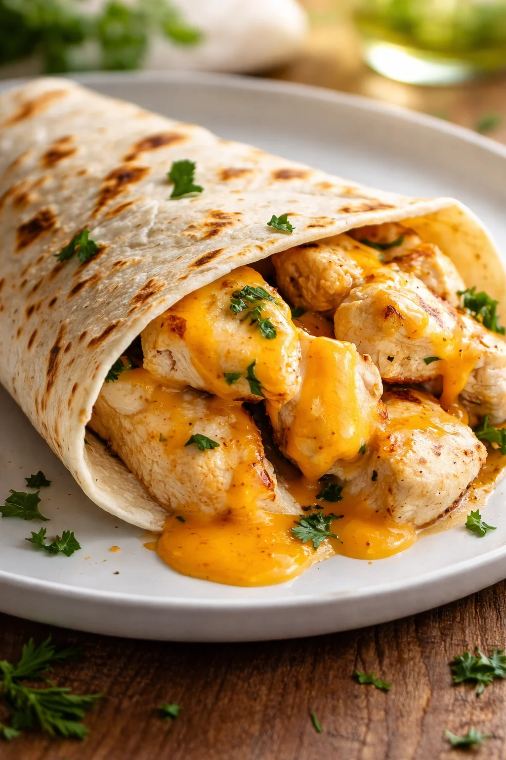 Cheesy garlic chicken wraps filled with melted cheese and savory garlic flavor