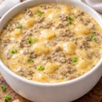 Bowl of cheesy hamburger potato soup with toppings on a wooden table.