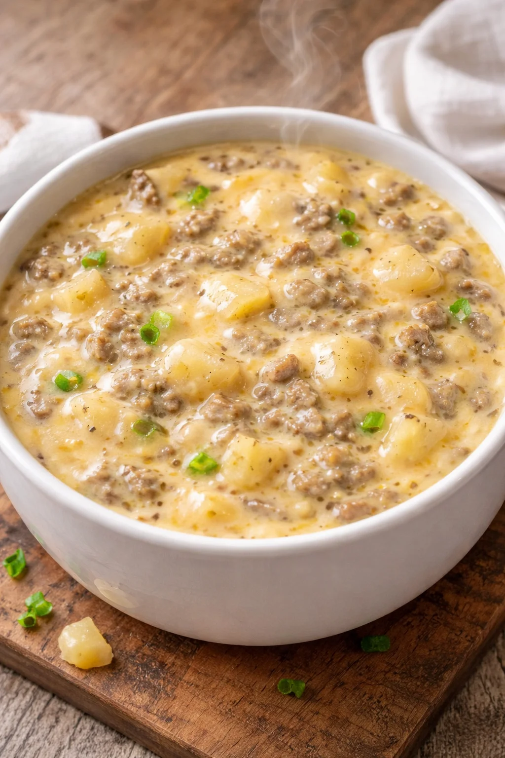 Bowl of cheesy hamburger potato soup with toppings on a wooden table.