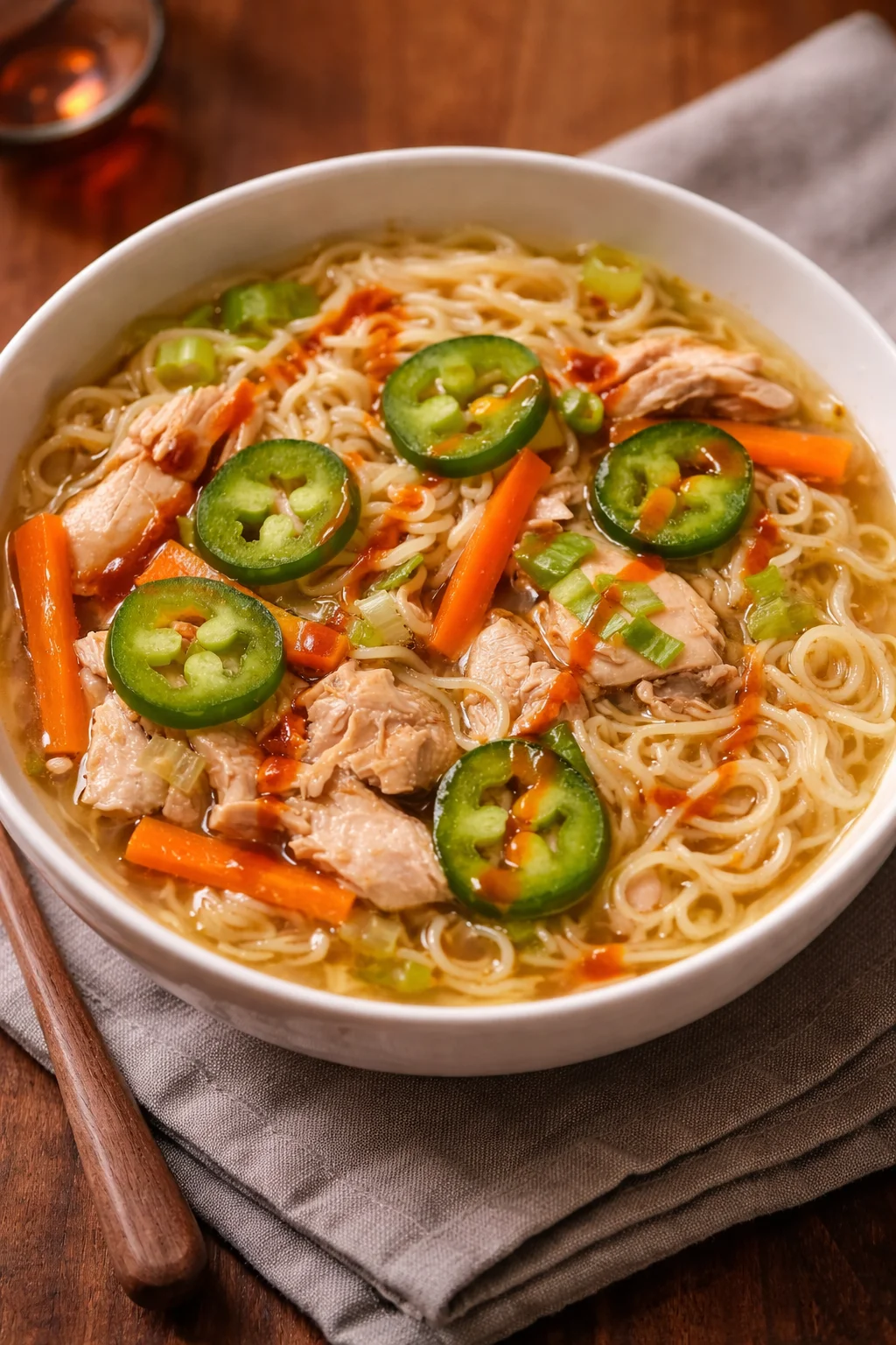 Delicious bowl of chicken ramen soup with fresh vegetables and aromatic broth
