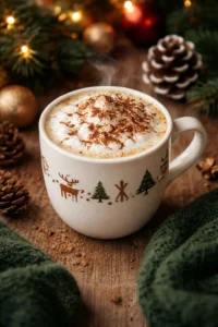 A delicious Christmas Chai Latte topped with cinnamon and whipped cream