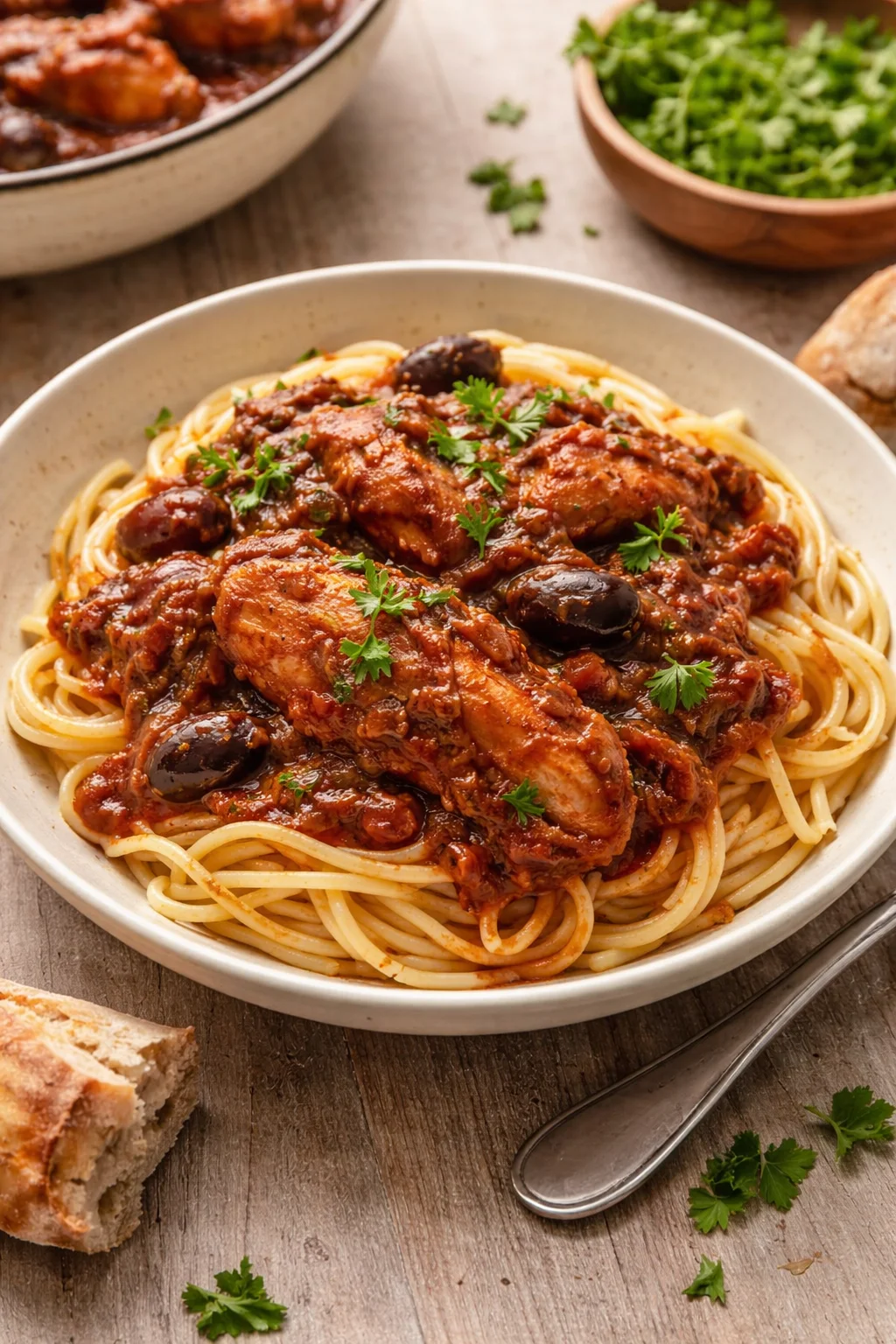Delicious Chicken Cacciatore served with fresh herbs and rustic bread
