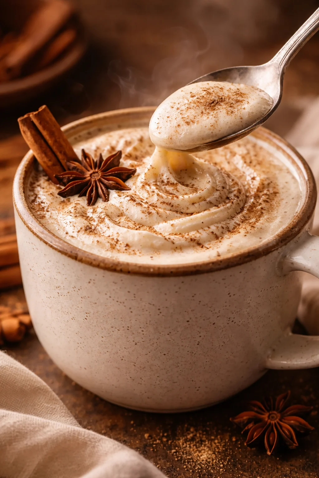 Cozy chai tea latte served in a warm mug with spices and steam rising.