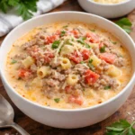 Delicious creamy Italian sausage soup in a bowl, garnished with herbs