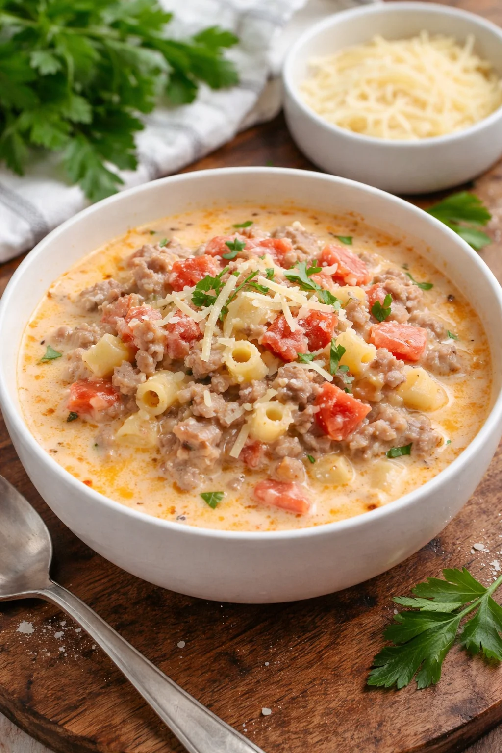Delicious creamy Italian sausage soup in a bowl, garnished with herbs