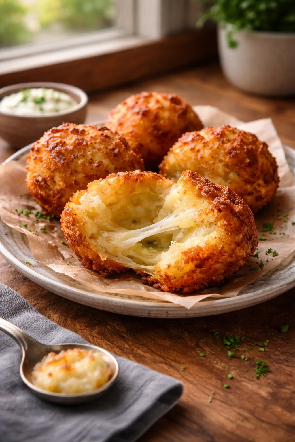 Crispy mashed potato cheese puffs served in a bowl